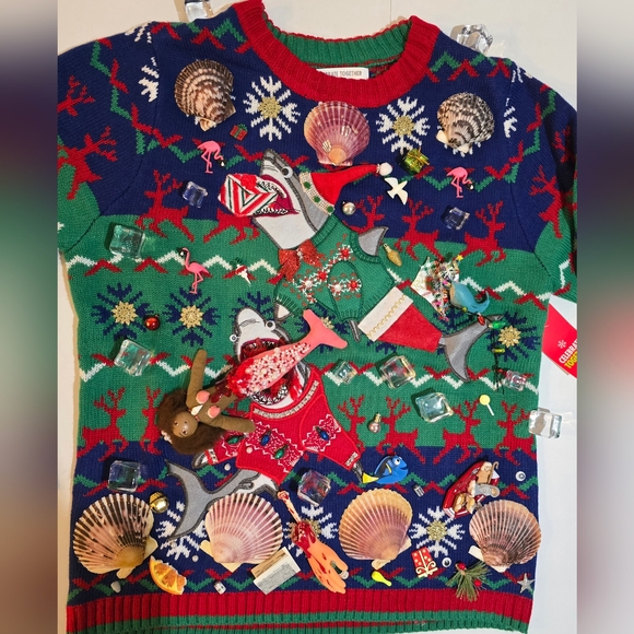 One of a Kind "Sharks Steal Christmas" Sweater Unisex Large - Picture 3 of 15